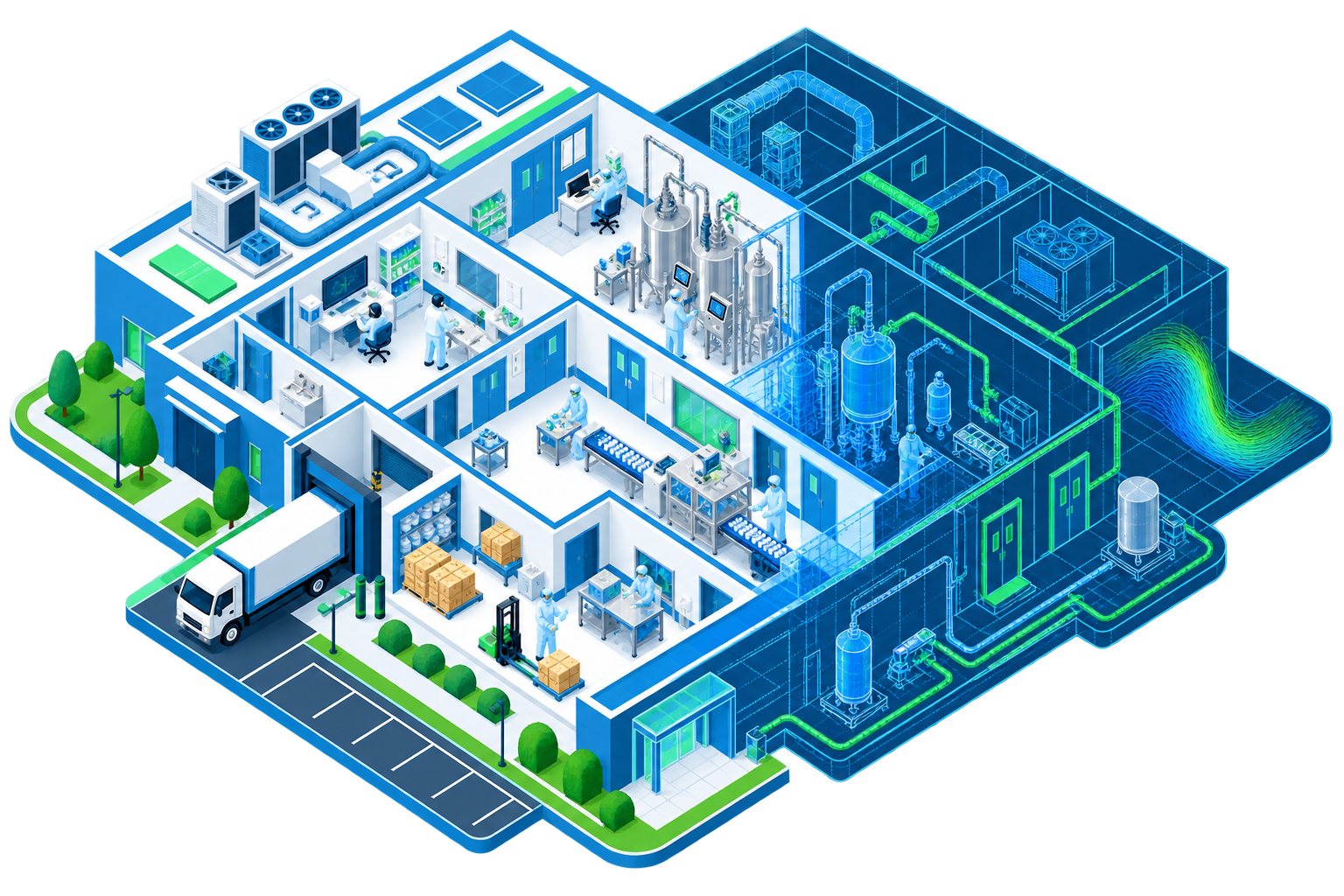 Planta farmacéutica en vista isométrica: la mitad izquierda muestra la instalación real con salas limpias, equipos de proceso y almacén; la mitad derecha muestra el mismo edificio como modelo digital en planos y simulación.